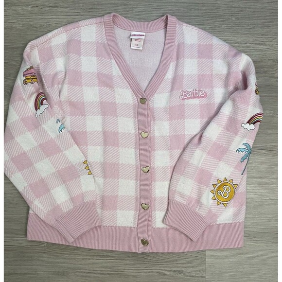 Barbie Sweaters - Barbie Movie Sweater Large Pink Checkered Cardigan Cottage Grandma Core Patches